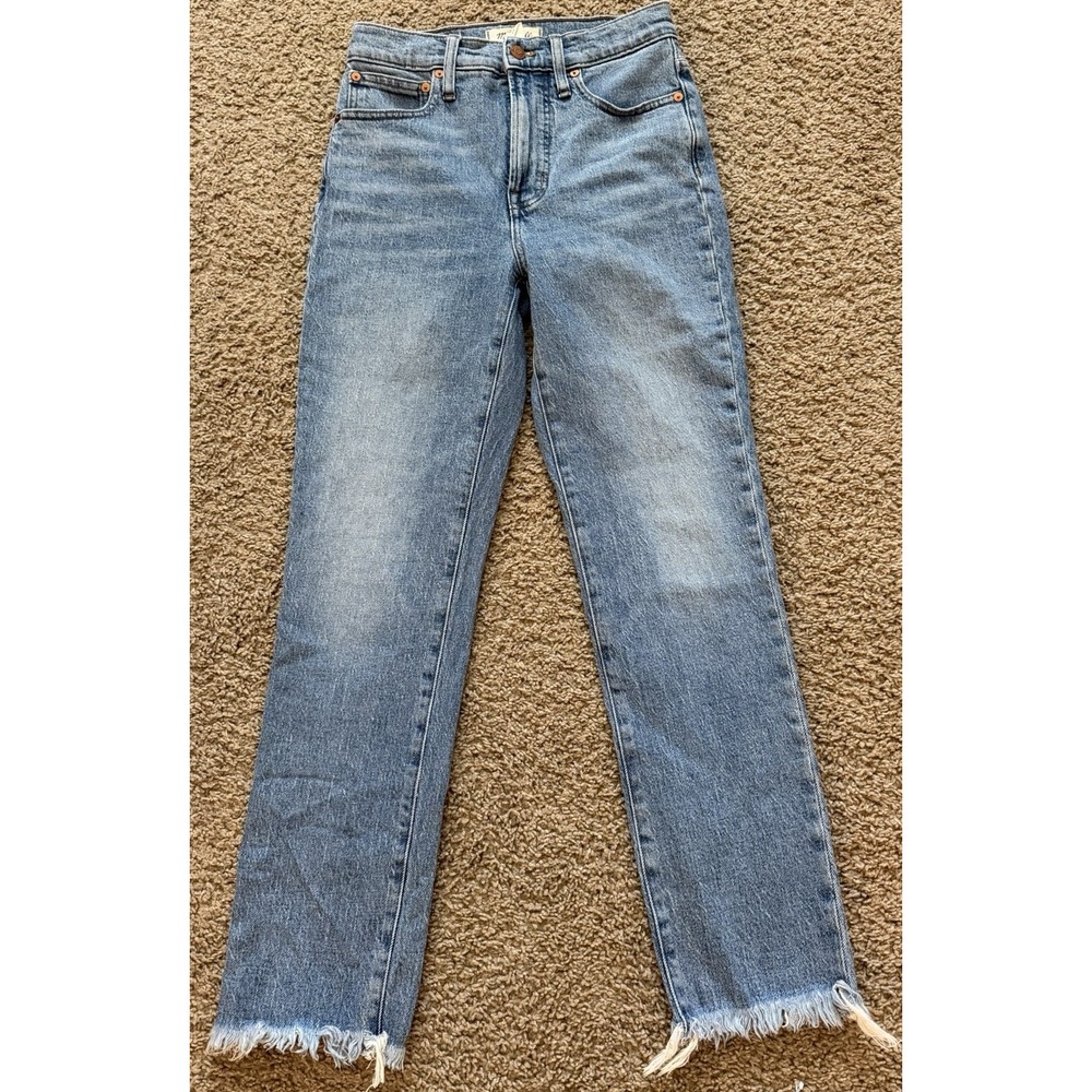 Madewell Women's the Perfect Vintage Jeans Size 24 Blue Straight Leg Frayed Crop